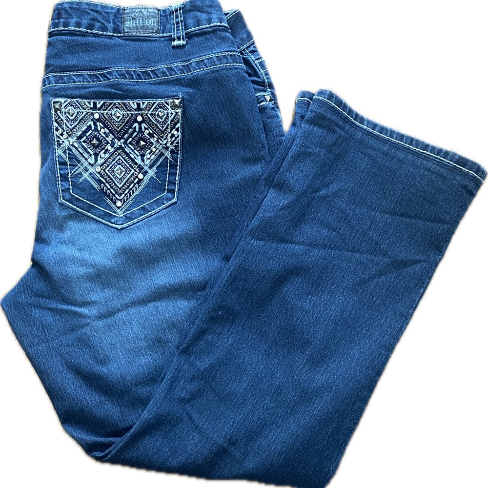Love nation embellished Medium Wash Faded Bootcut Jeans Sz 16w Y2K Thick Stitch